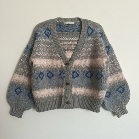 Sweaters - Nordic Gray and Blue Fair Isle Patterned Cardigan